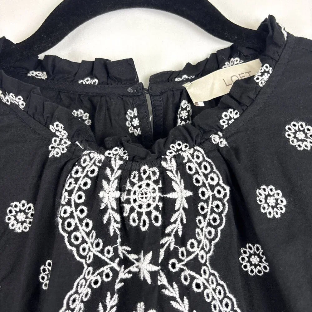 LOFT Black‎ Embroidered Puff Sleeve Top Women's Size Large Boho Cottagecore